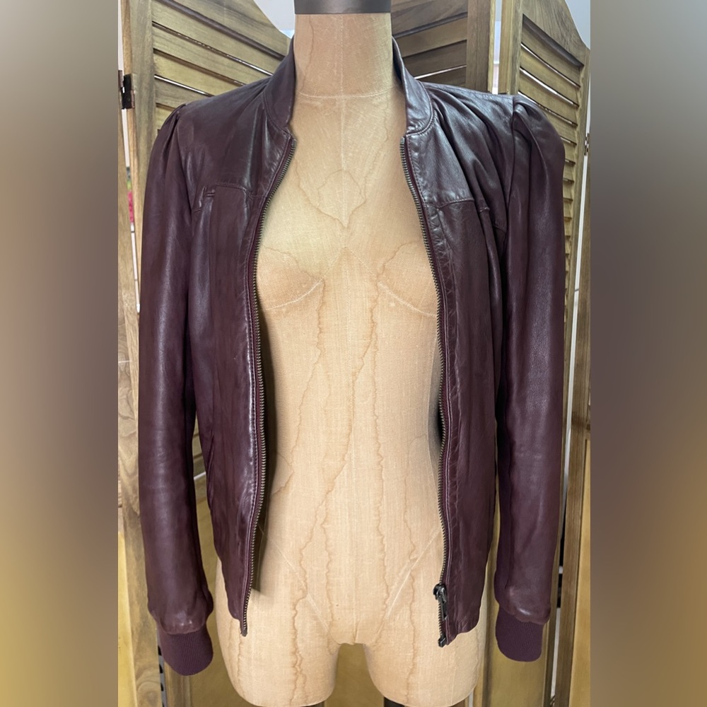 Hinge Leather Bomber Jacket in Bordeaux.